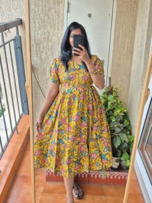 Mustard yellow  Penkalamkati cotton dress.