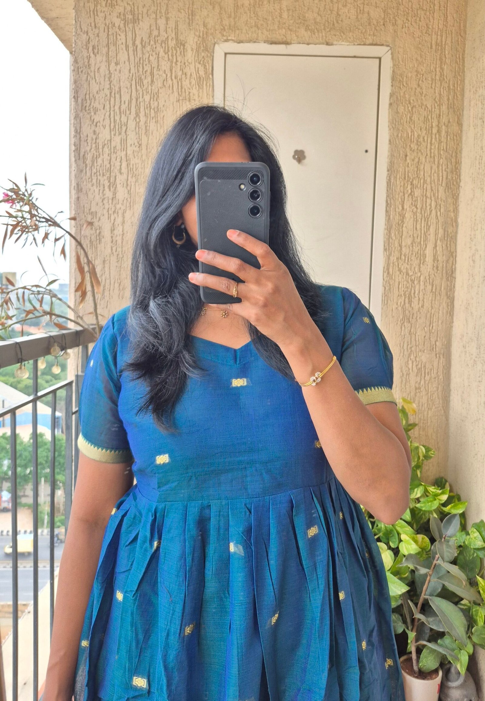 Peacock blue Narayanpet cotton dress. - Image 2