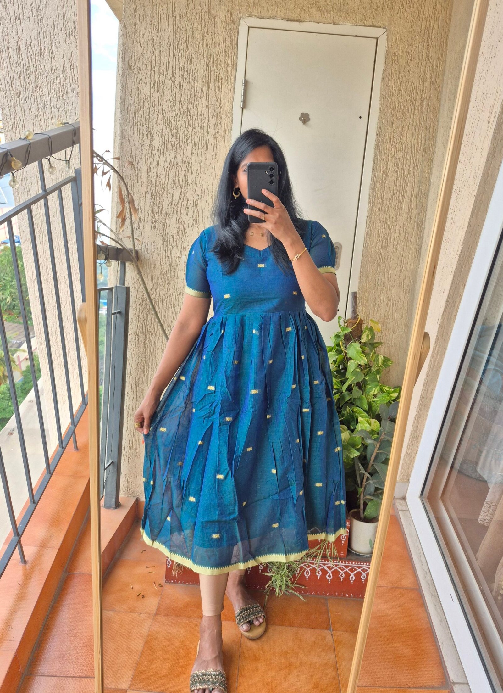 Peacock blue Narayanpet cotton dress.