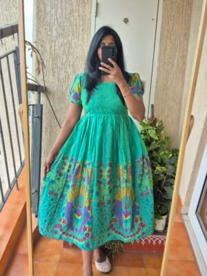 Sea Green brush paint handloom cotton dress.