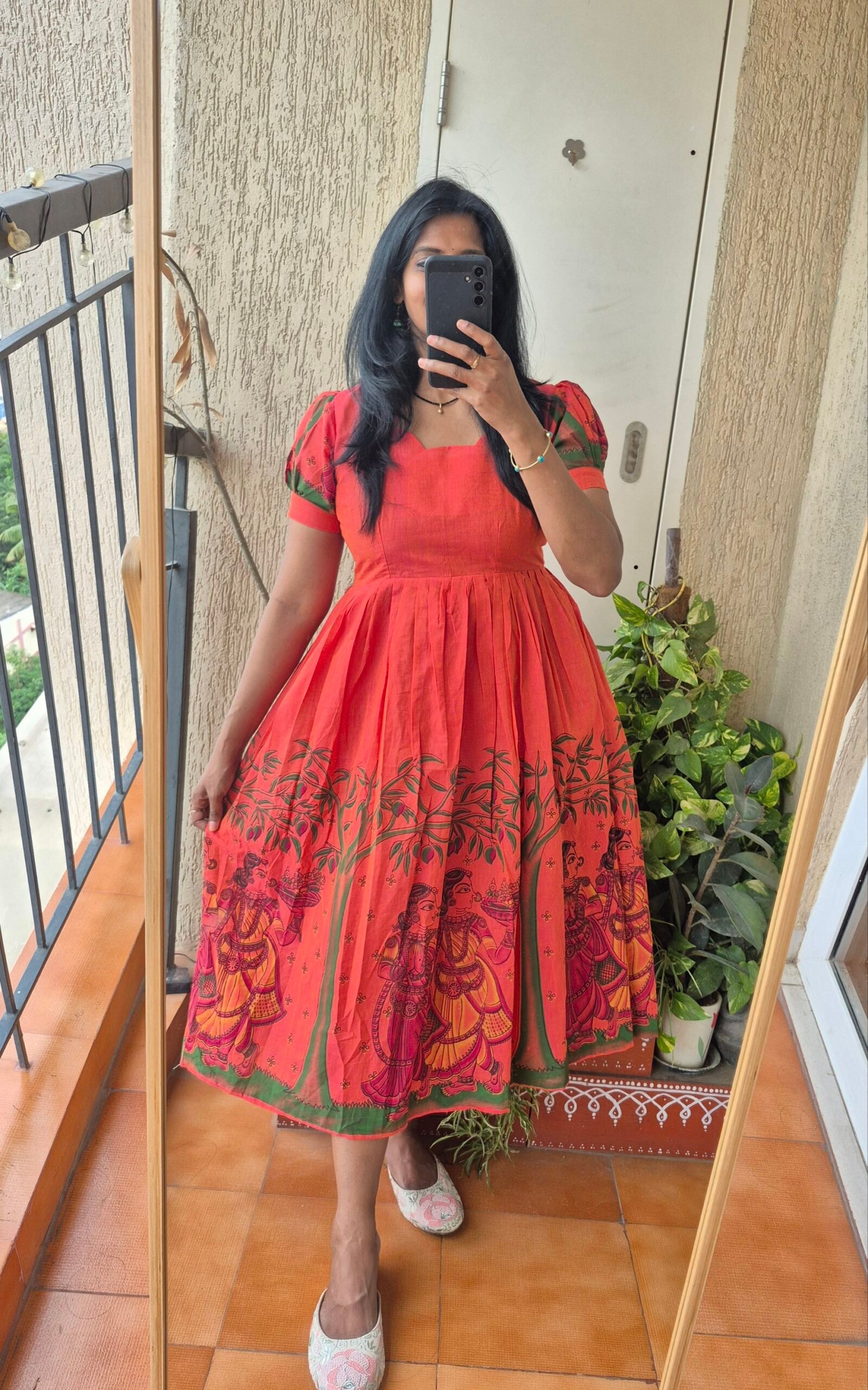 Orange brush paint handloom cottom dress.