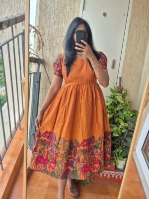 Rust orange brush paint handloom cotton dress.