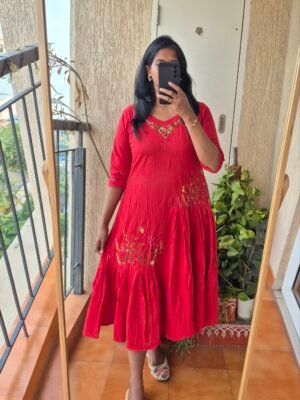Tomato Red embroideres frill cotton dress.