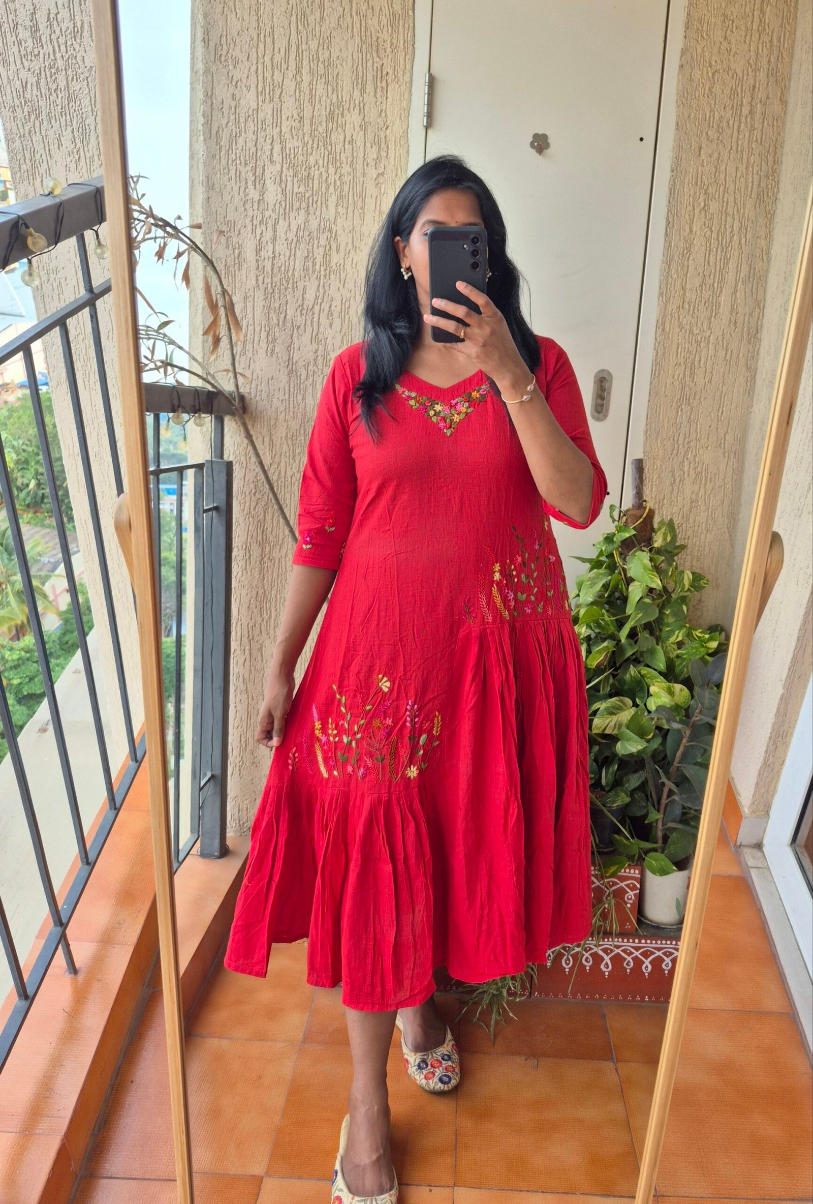 Tomato Red embroideres frill cotton dress.