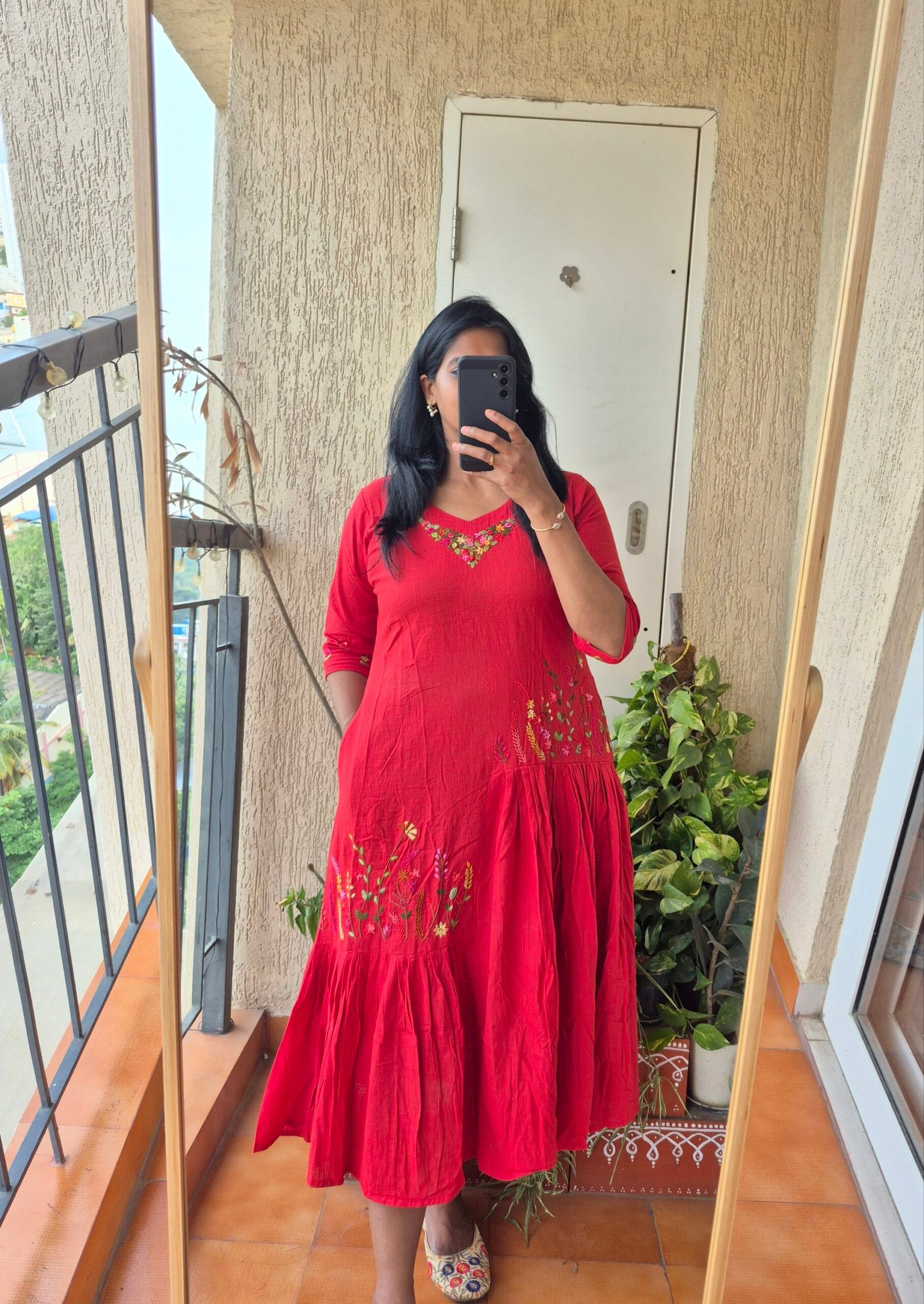 Tomato Red embroideres frill cotton dress. - Image 2