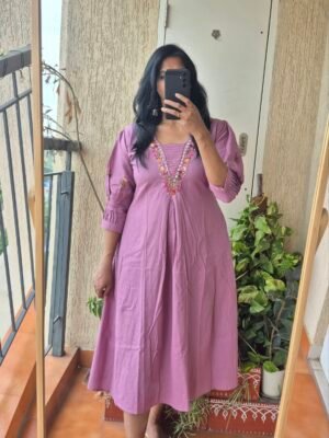 Lilac embroidery handloom cotton dress.