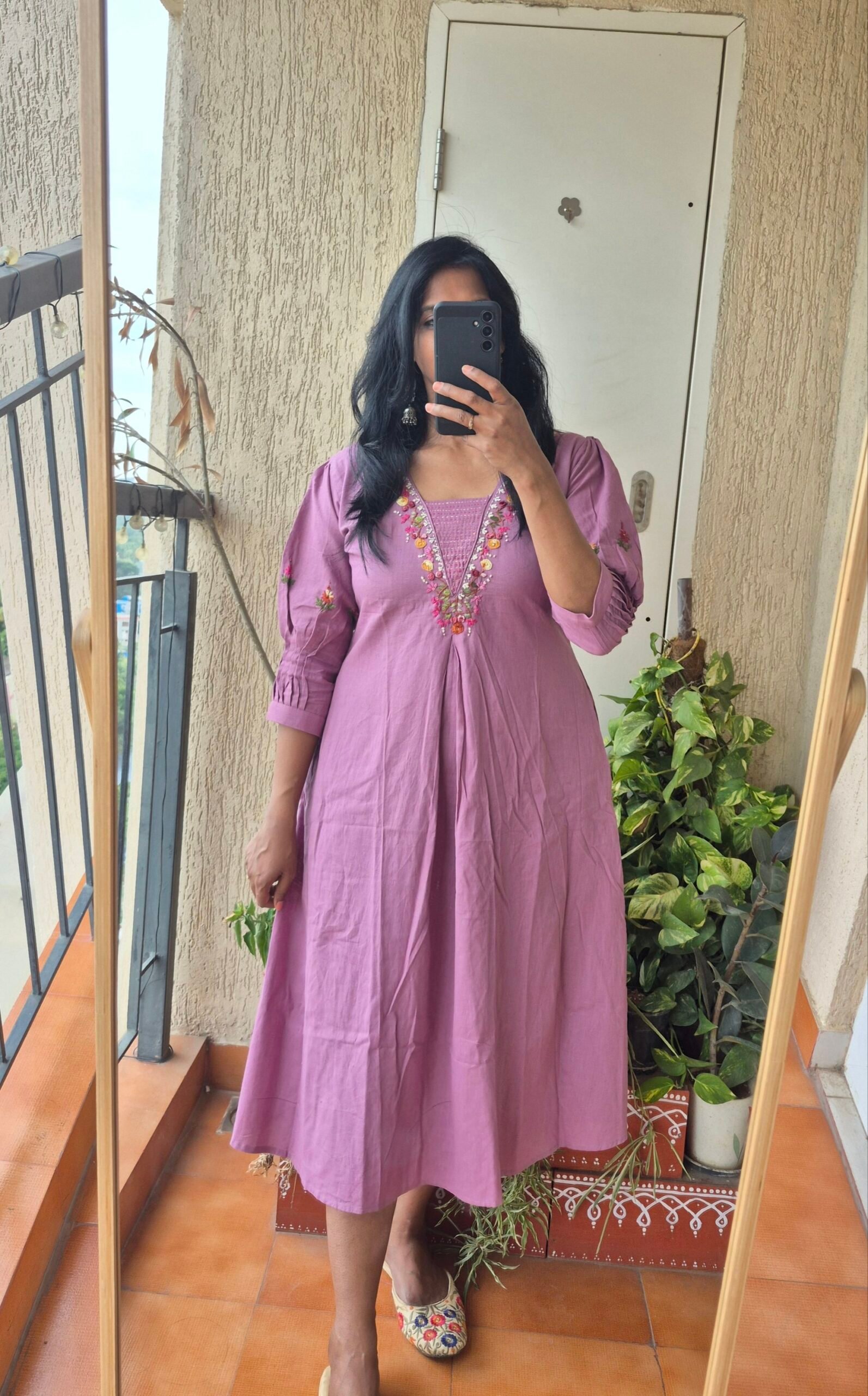 Lilac embroidery handloom cotton dress.