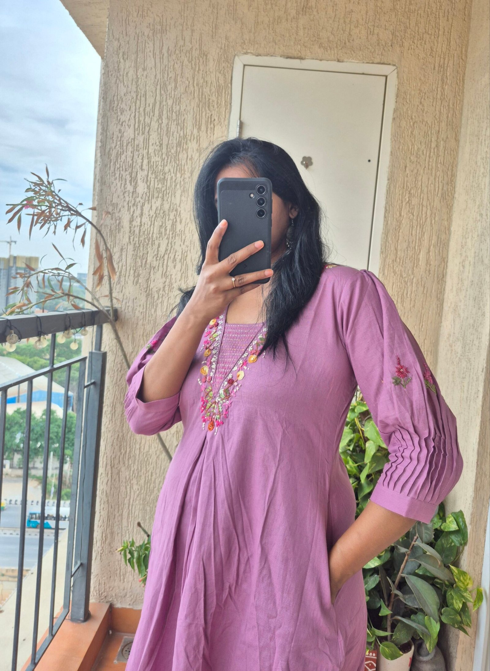 Lilac embroidery handloom cotton dress. - Image 3