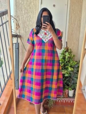 Madras checks parrot cotton dress.