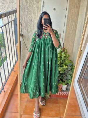 Green Jamdani handwork cotton dress.