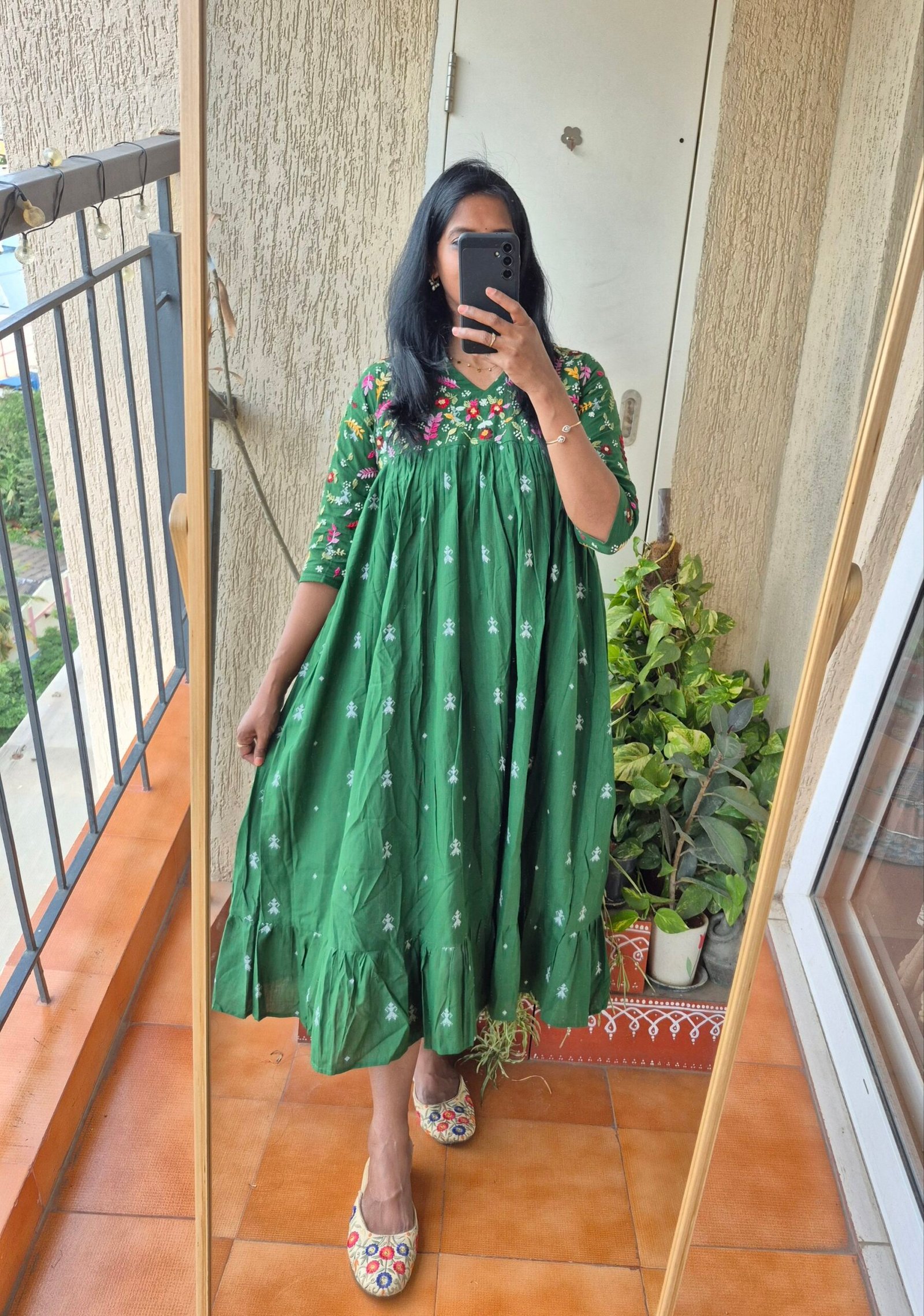 Green Jamdani handwork cotton dress.