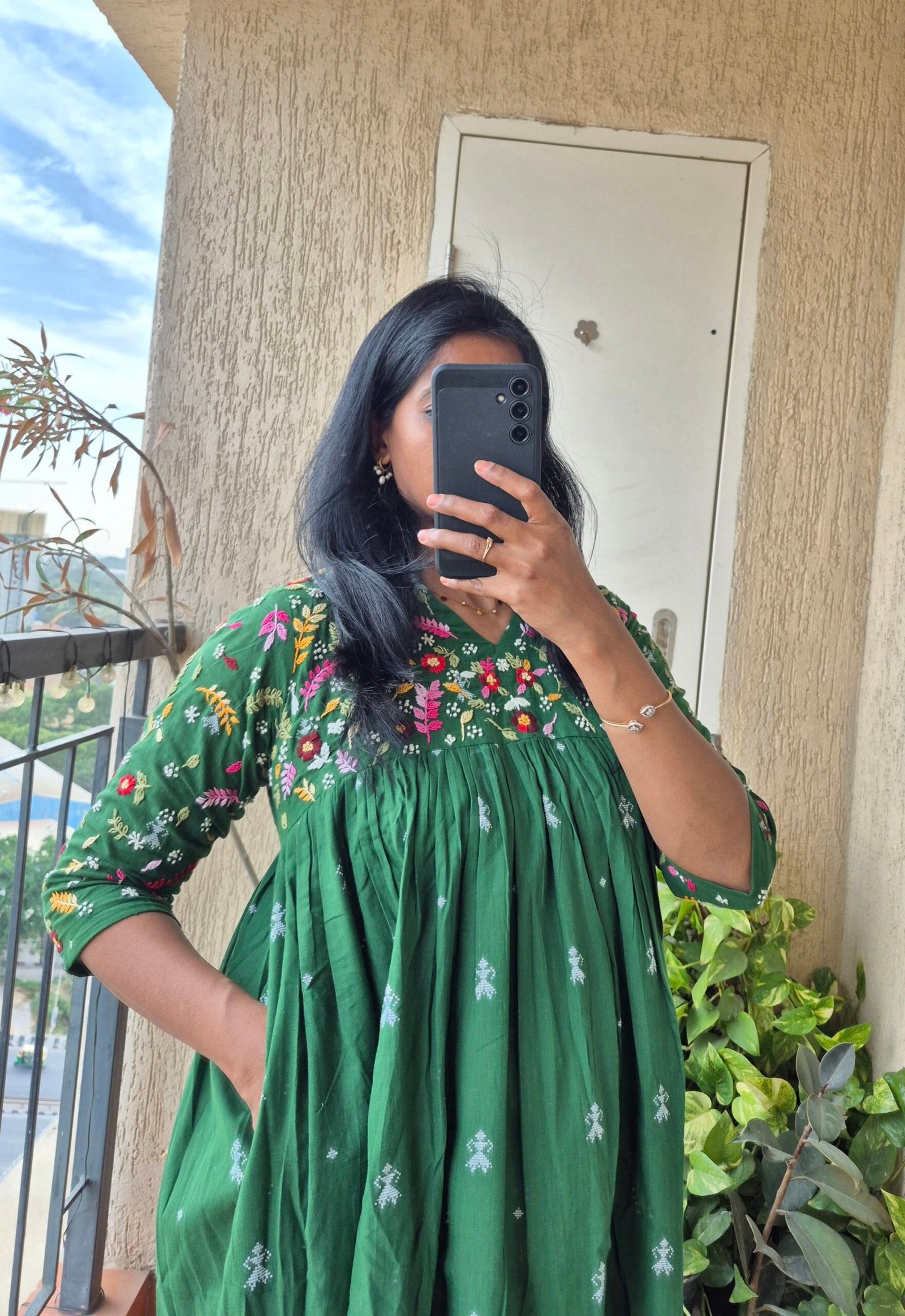 Green Jamdani handwork cotton dress. - Image 4