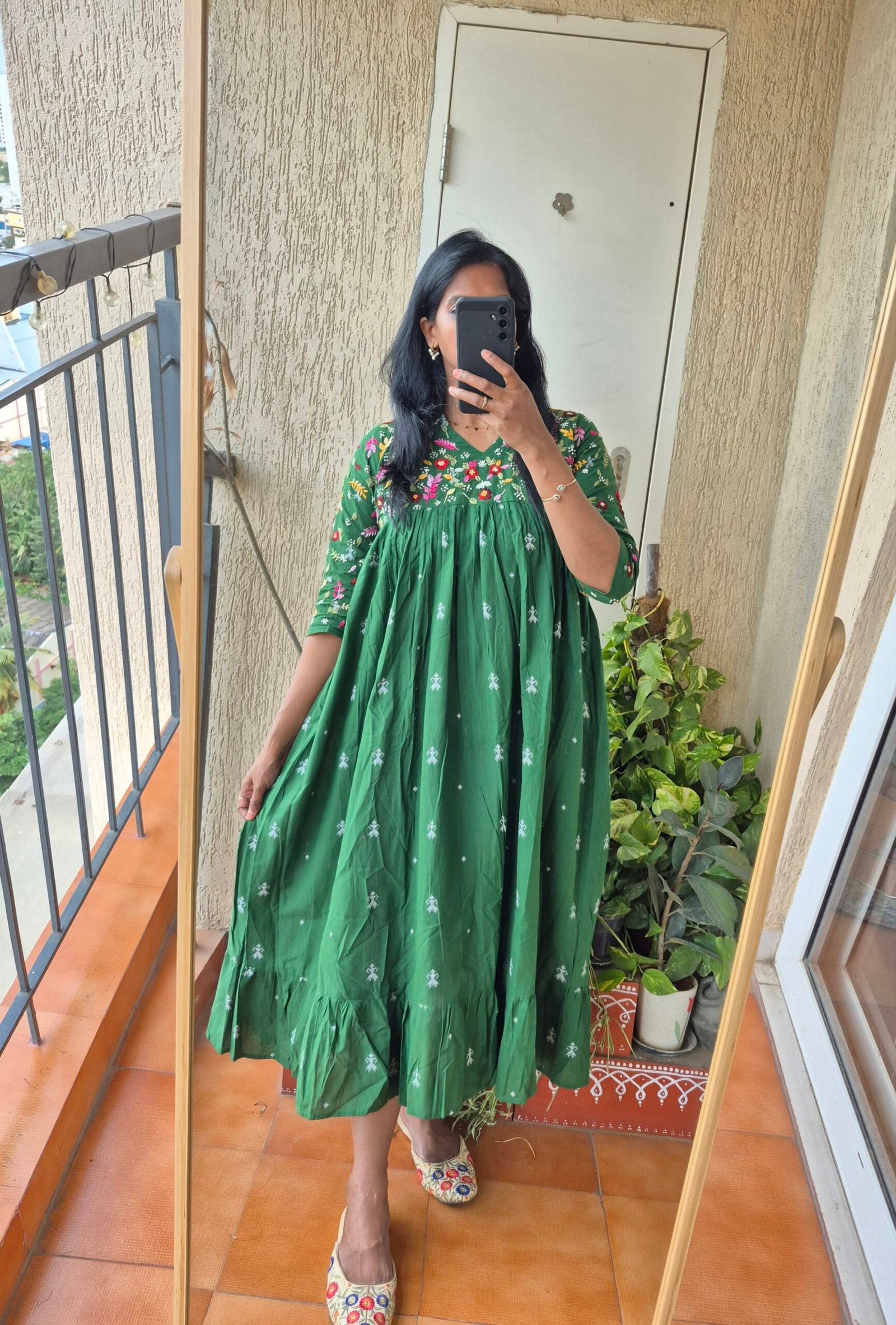 Green Jamdani handwork cotton dress. - Image 2