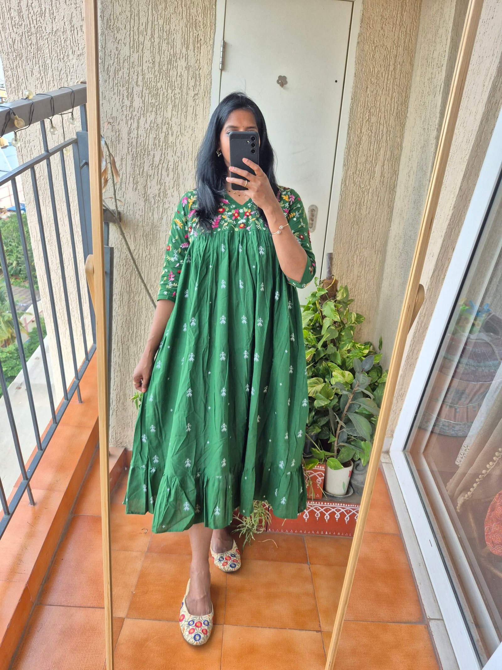 Green Jamdani handwork cotton dress. - Image 3