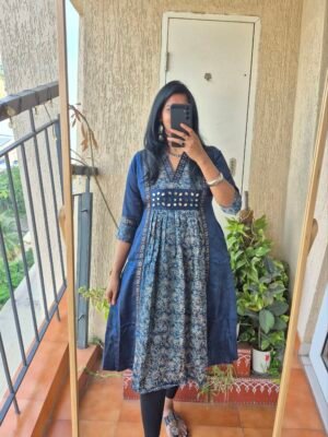 Blue Mashru silk Ajrack mirror work dress.