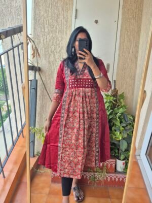 Maroon mashru silk ajrack mirror work dress.