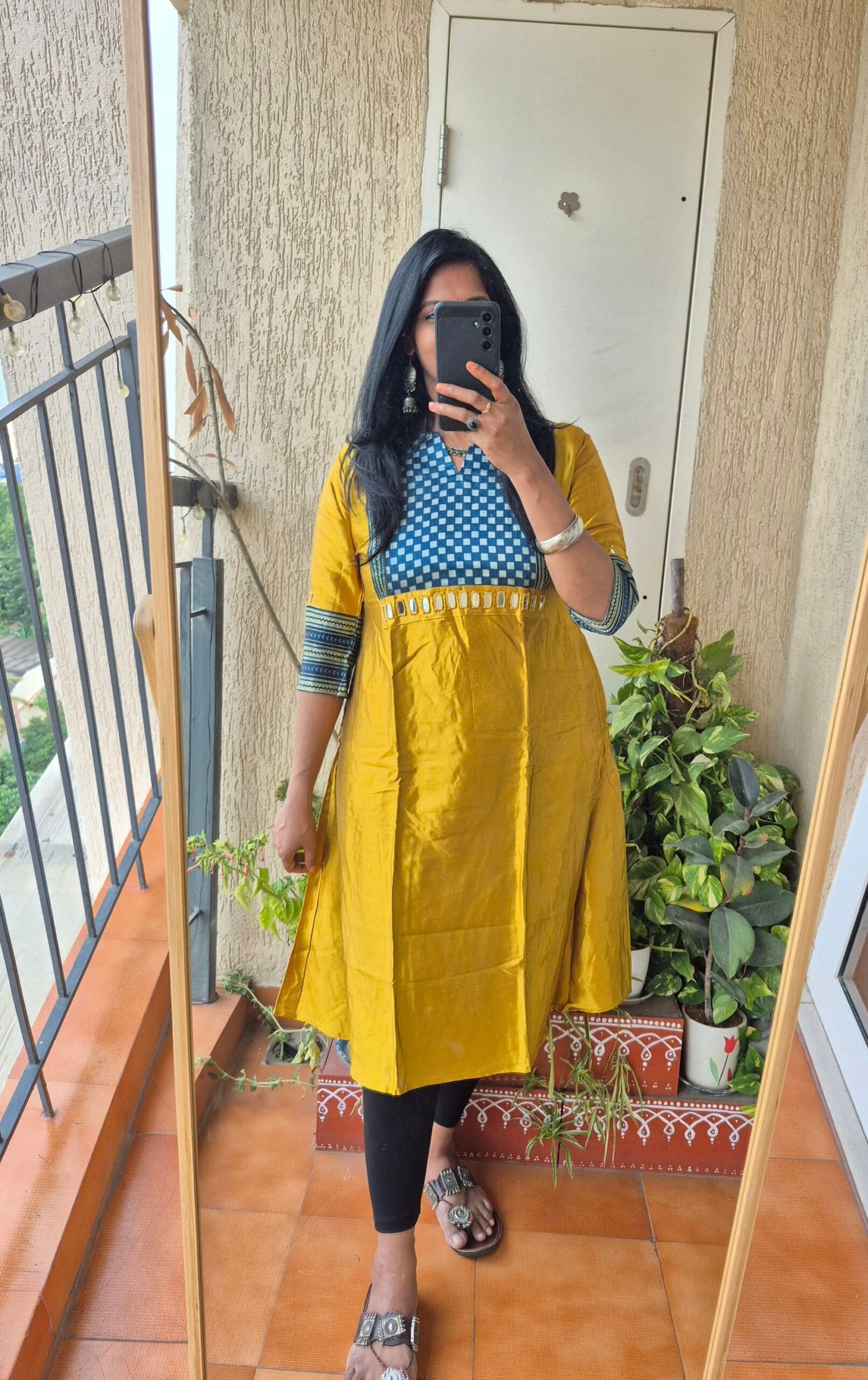 Mustard mashru silk A line dress. - Image 3