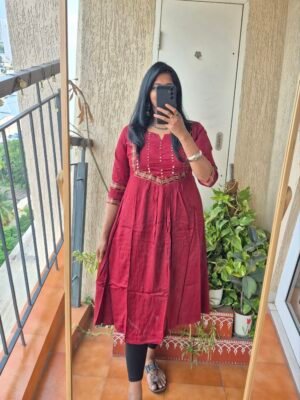 Maroon modal silk mirror work kurti dress.