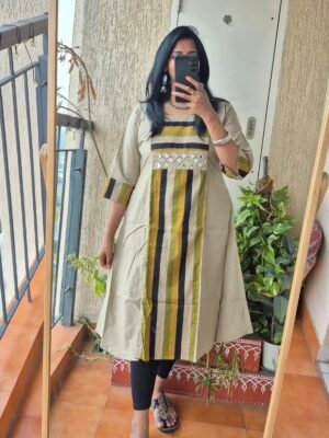 Beige stripes mirror work kurti dress