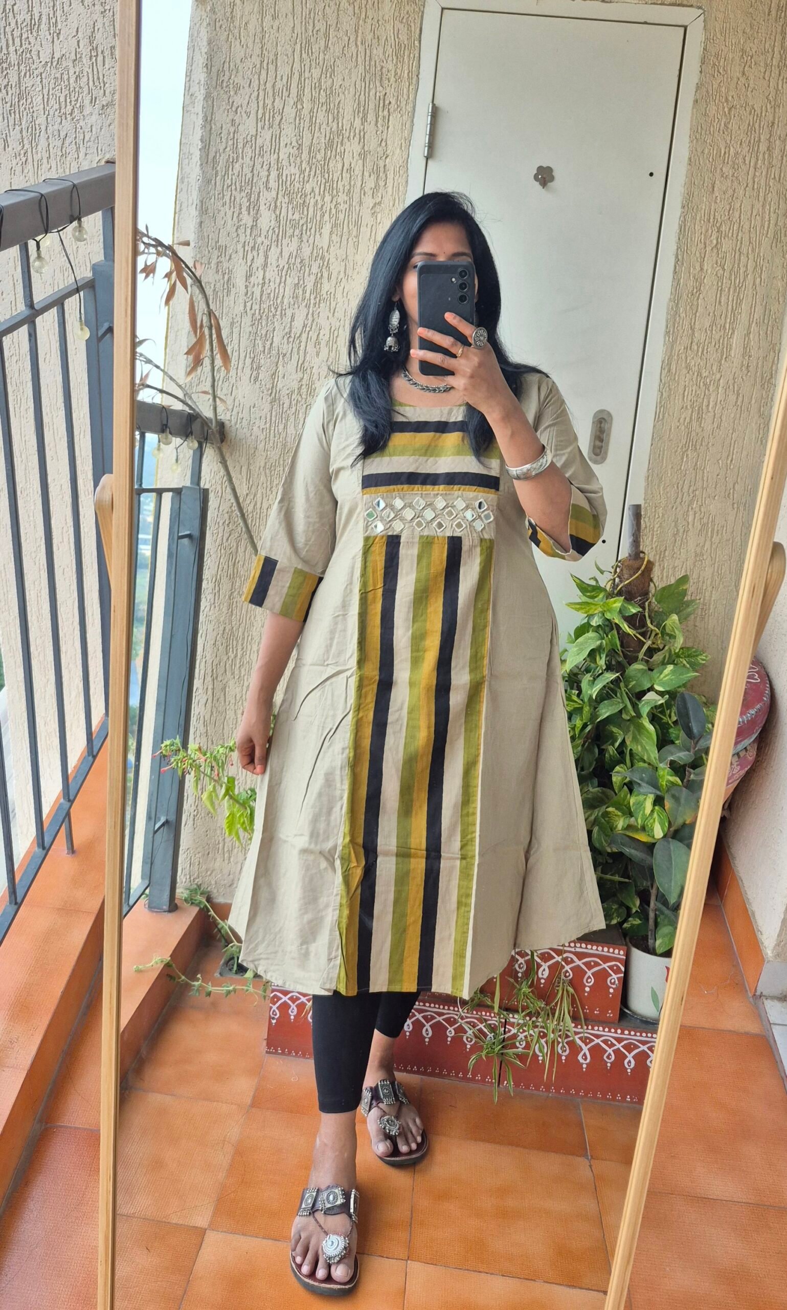 Beige stripes mirror work kurti dress