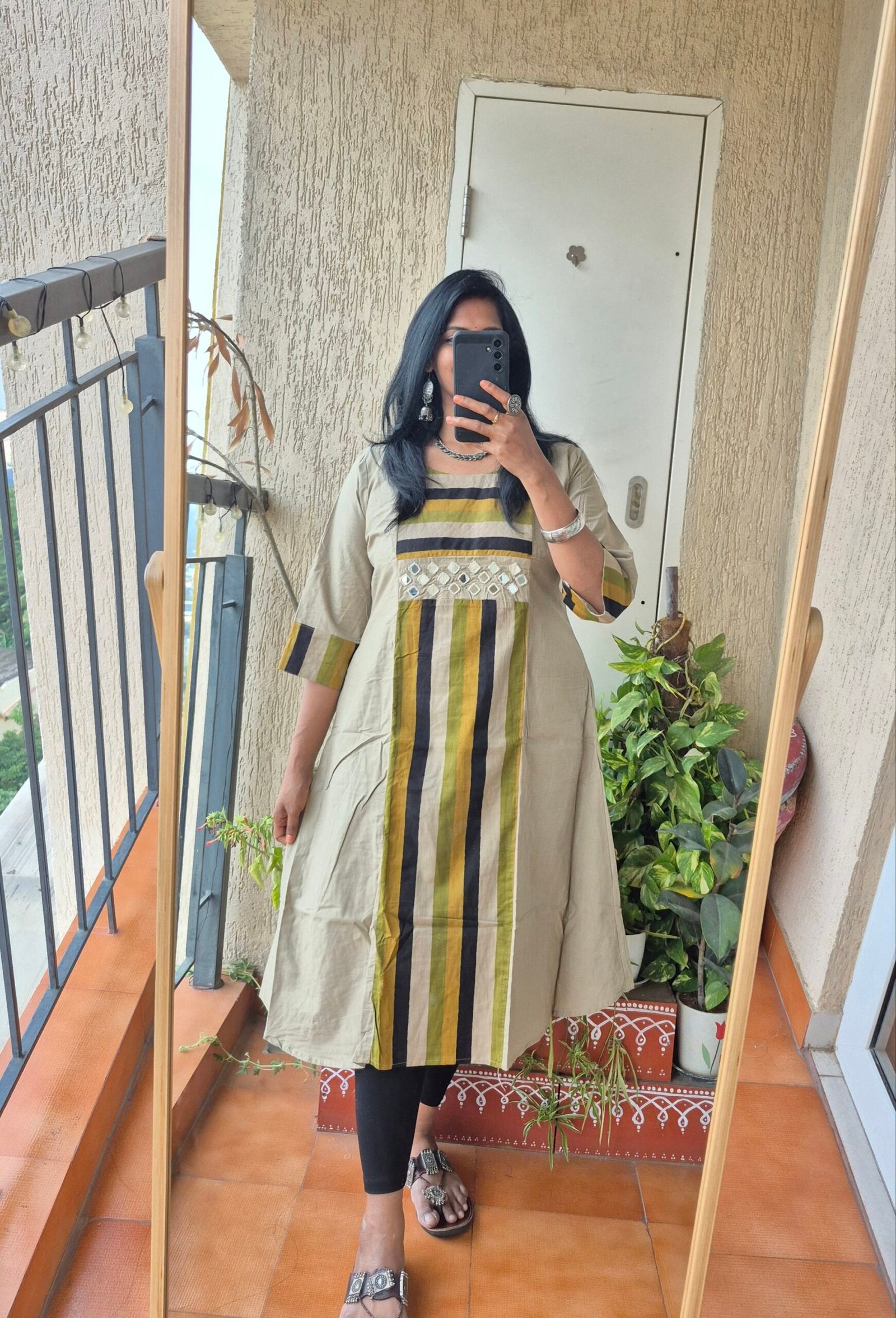 Beige stripes mirror work kurti dress - Image 3