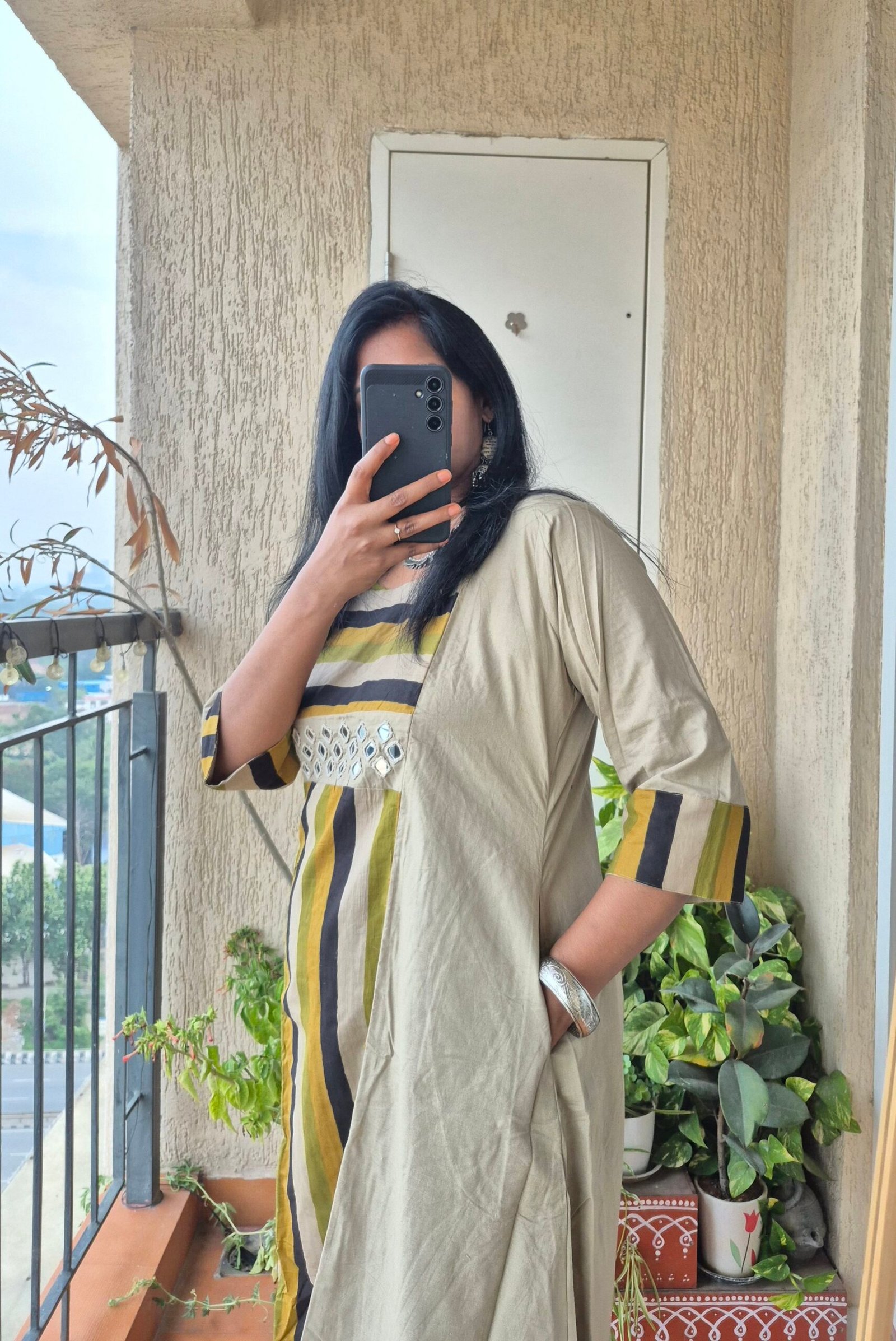 Beige stripes mirror work kurti dress - Image 6