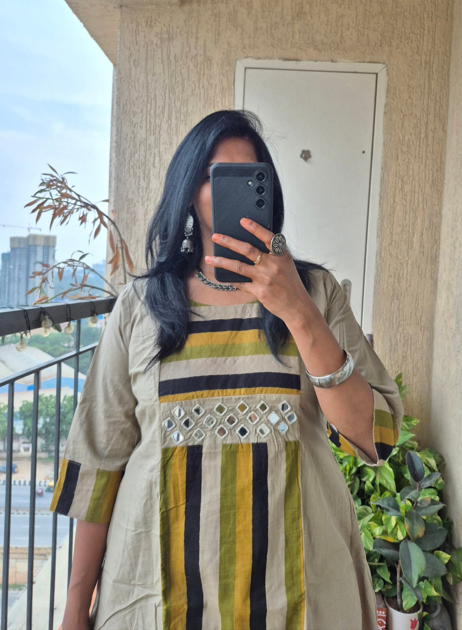 Beige stripes mirror work kurti dress - Image 4