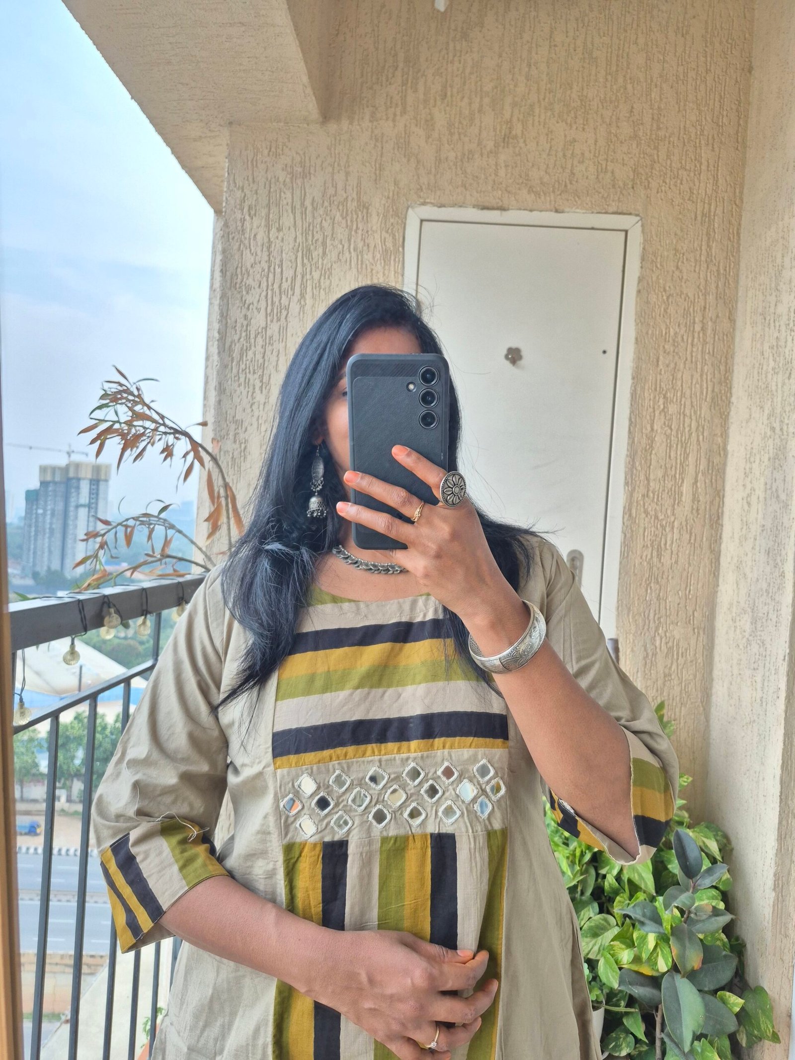 Beige stripes mirror work kurti dress - Image 5