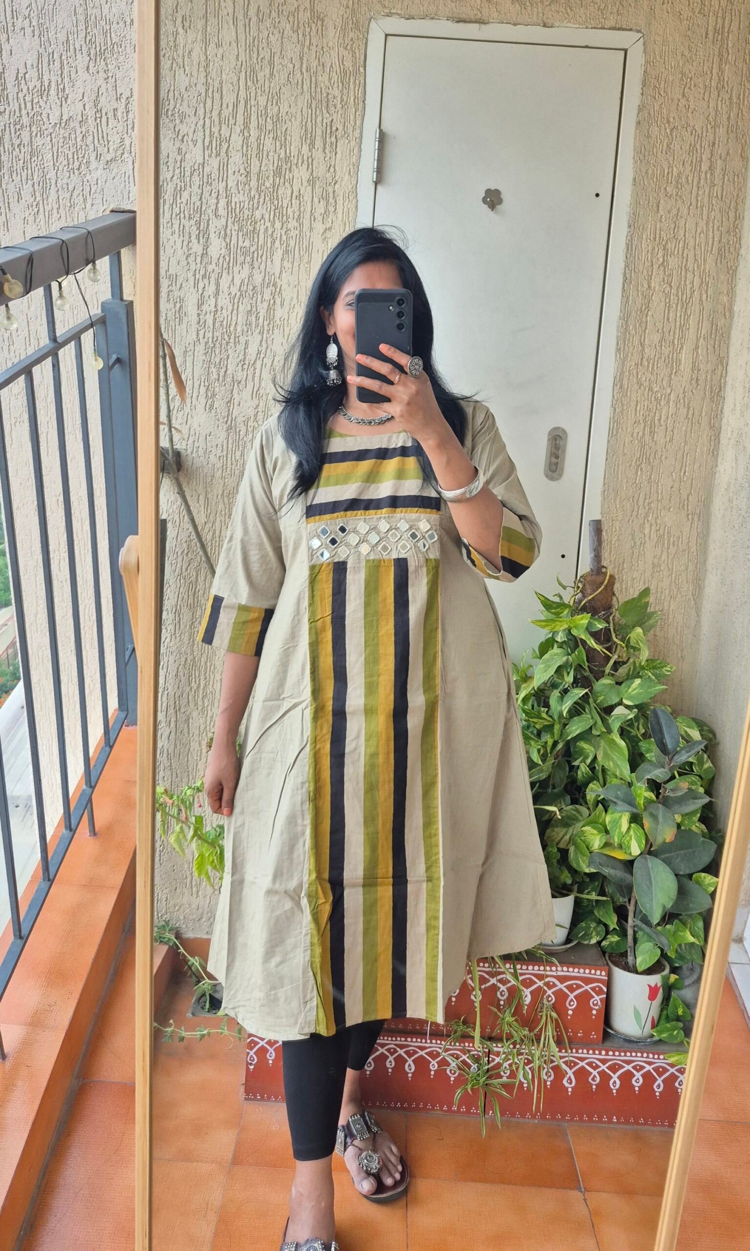 Beige stripes mirror work kurti dress - Image 2
