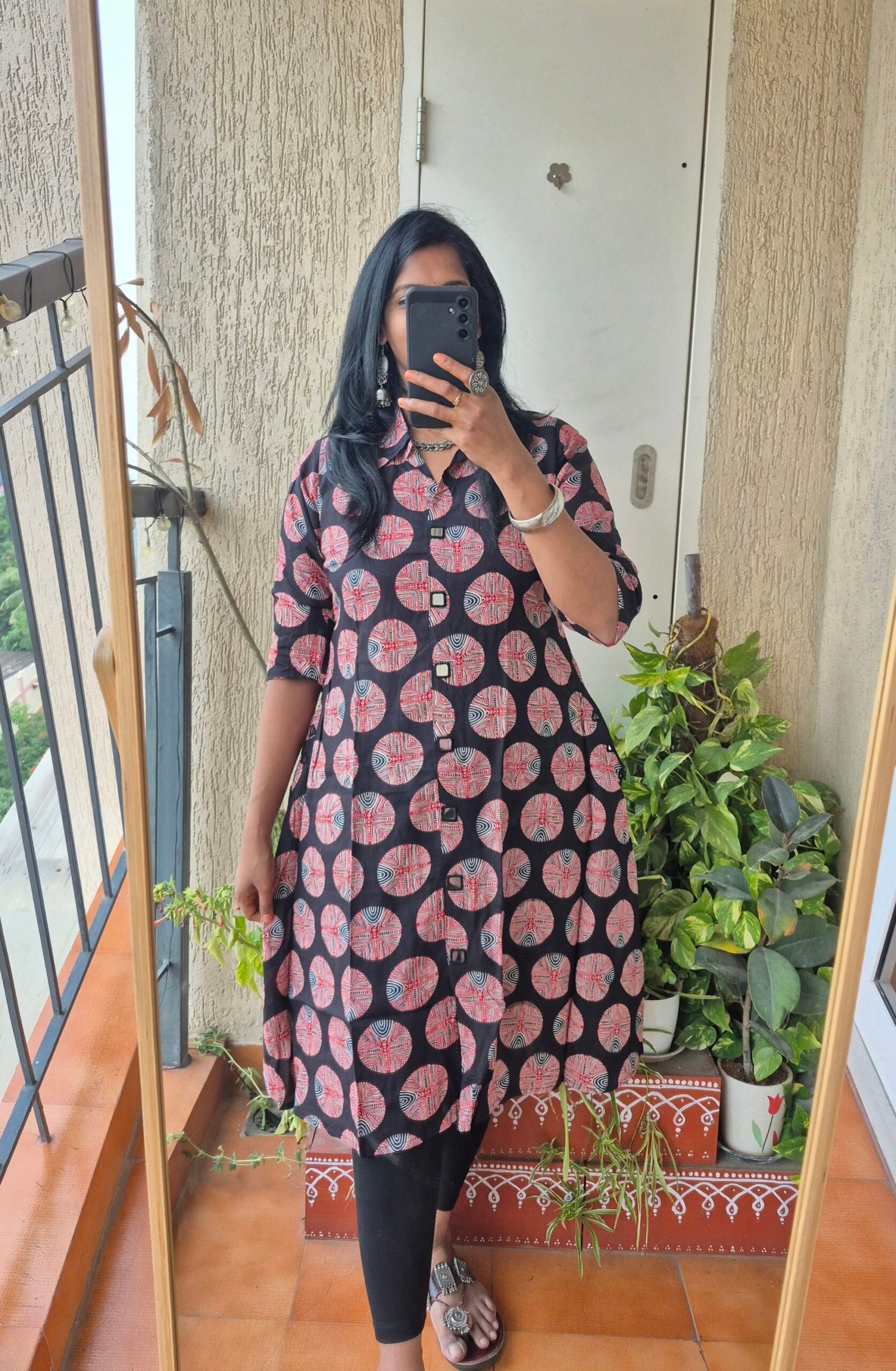 Black polka collar mirror work dress.