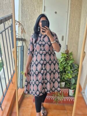 Black leaf Ajrack collar mirror work dress.