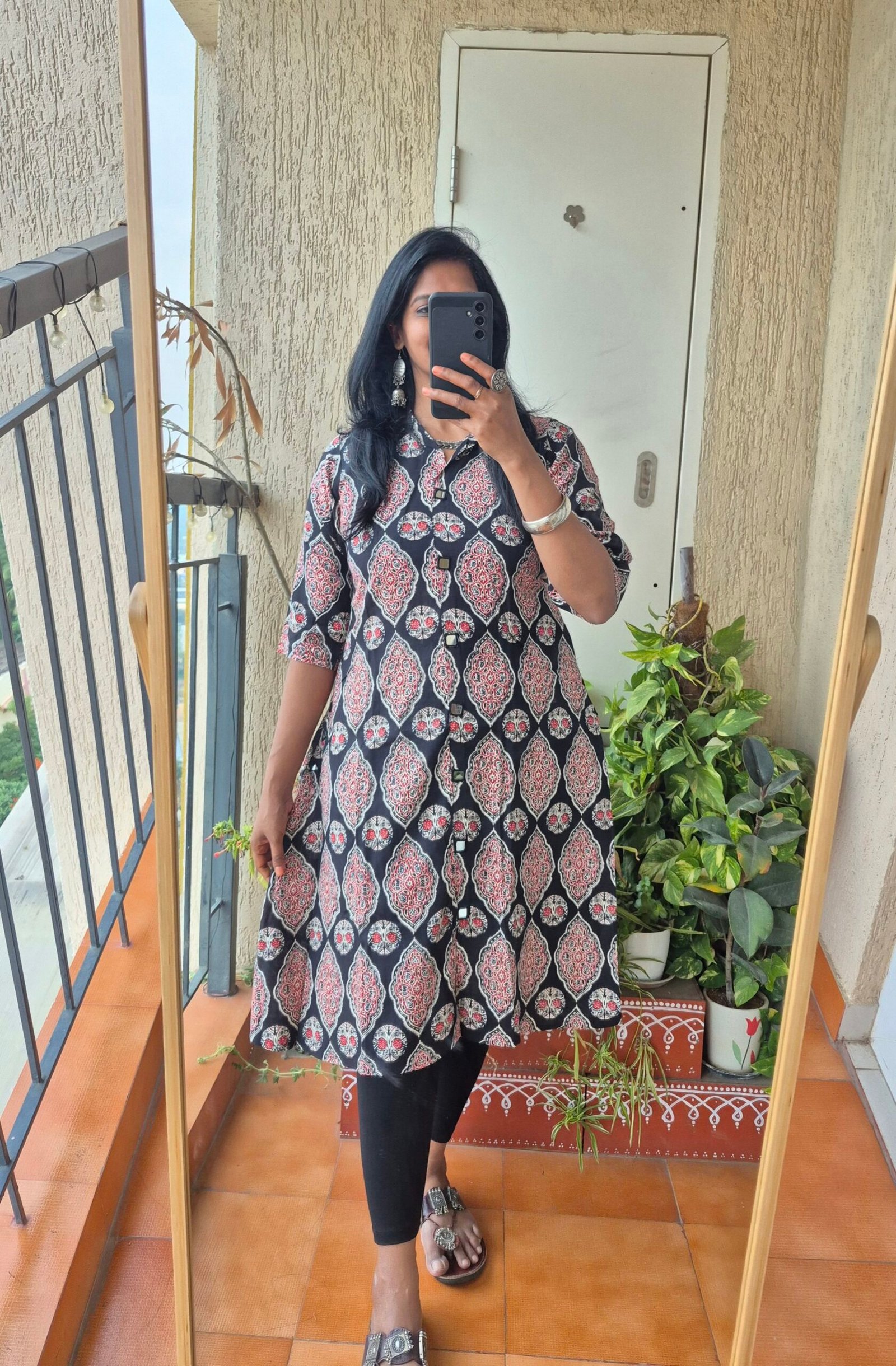 Black leaf Ajrack collar mirror work dress.
