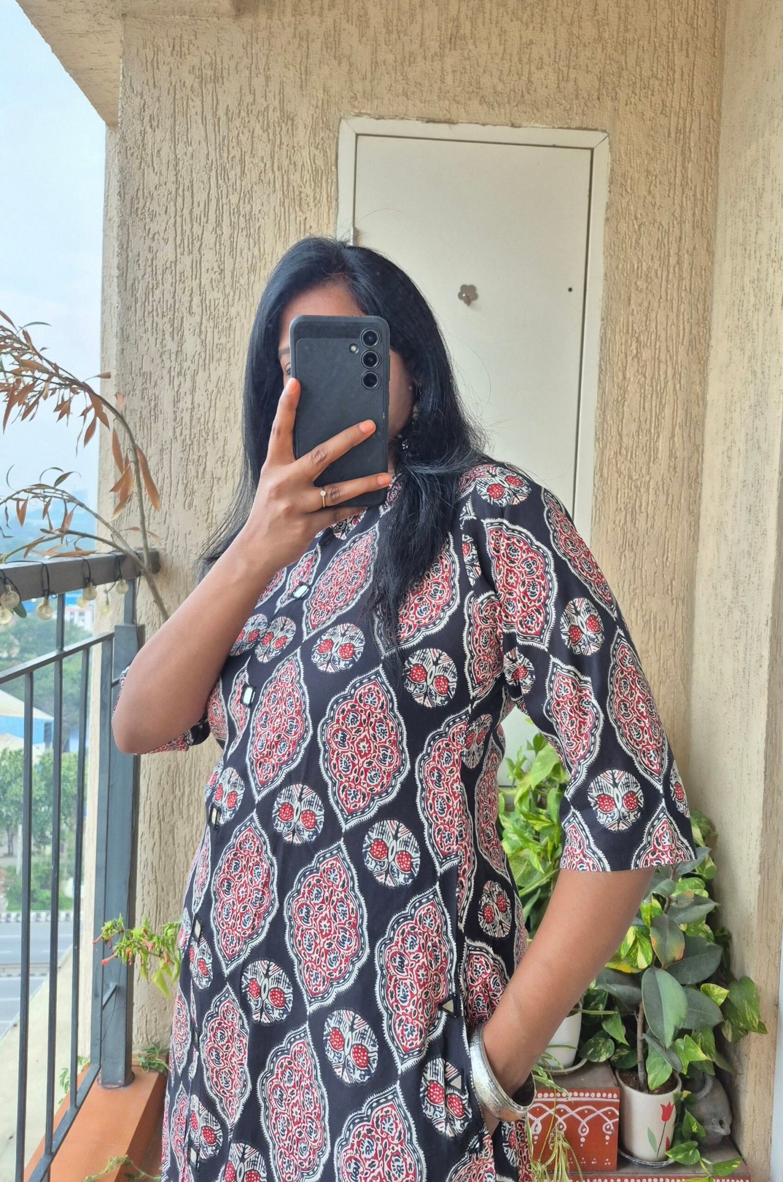 Black leaf Ajrack collar mirror work dress. - Image 3