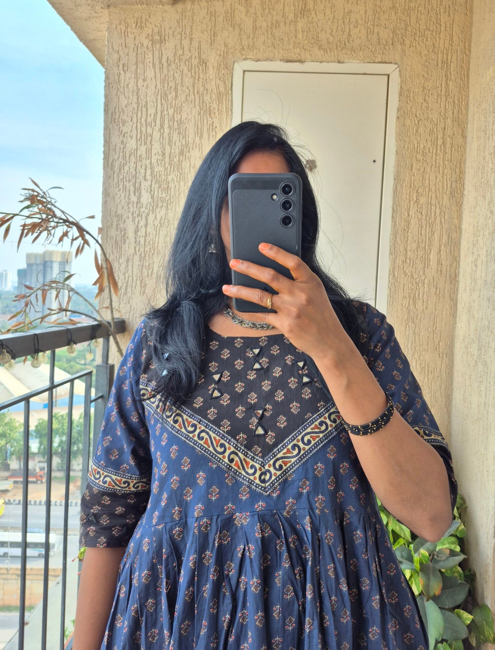 Blue block print cotton mirror work dress. - Image 5