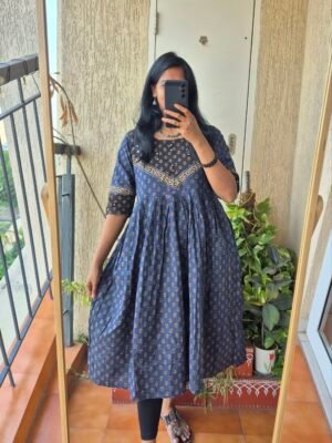 Blue block print cotton mirror work dress.