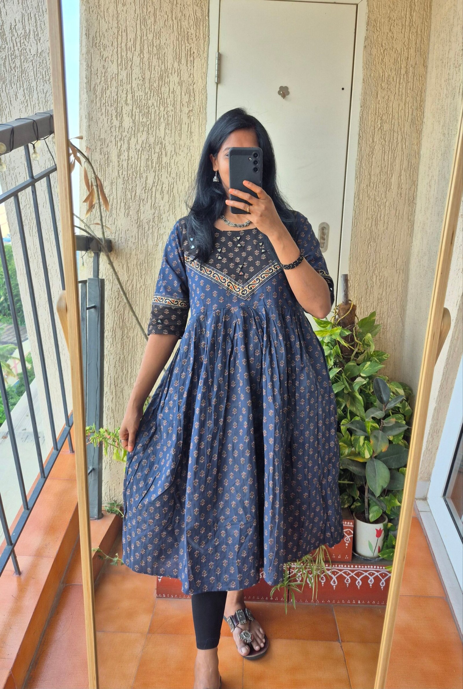 Blue block print cotton mirror work dress.
