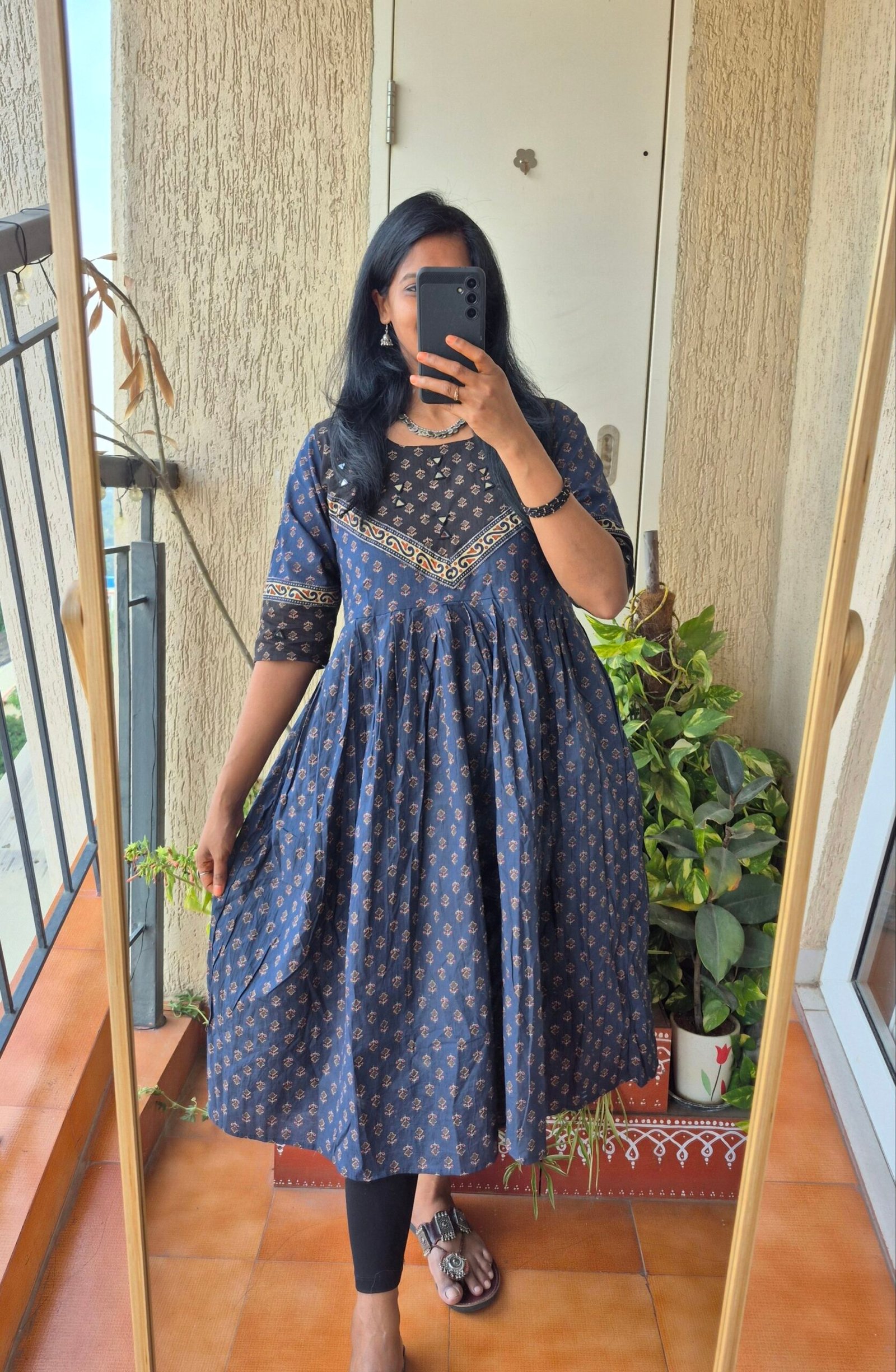 Blue block print cotton mirror work dress. - Image 2