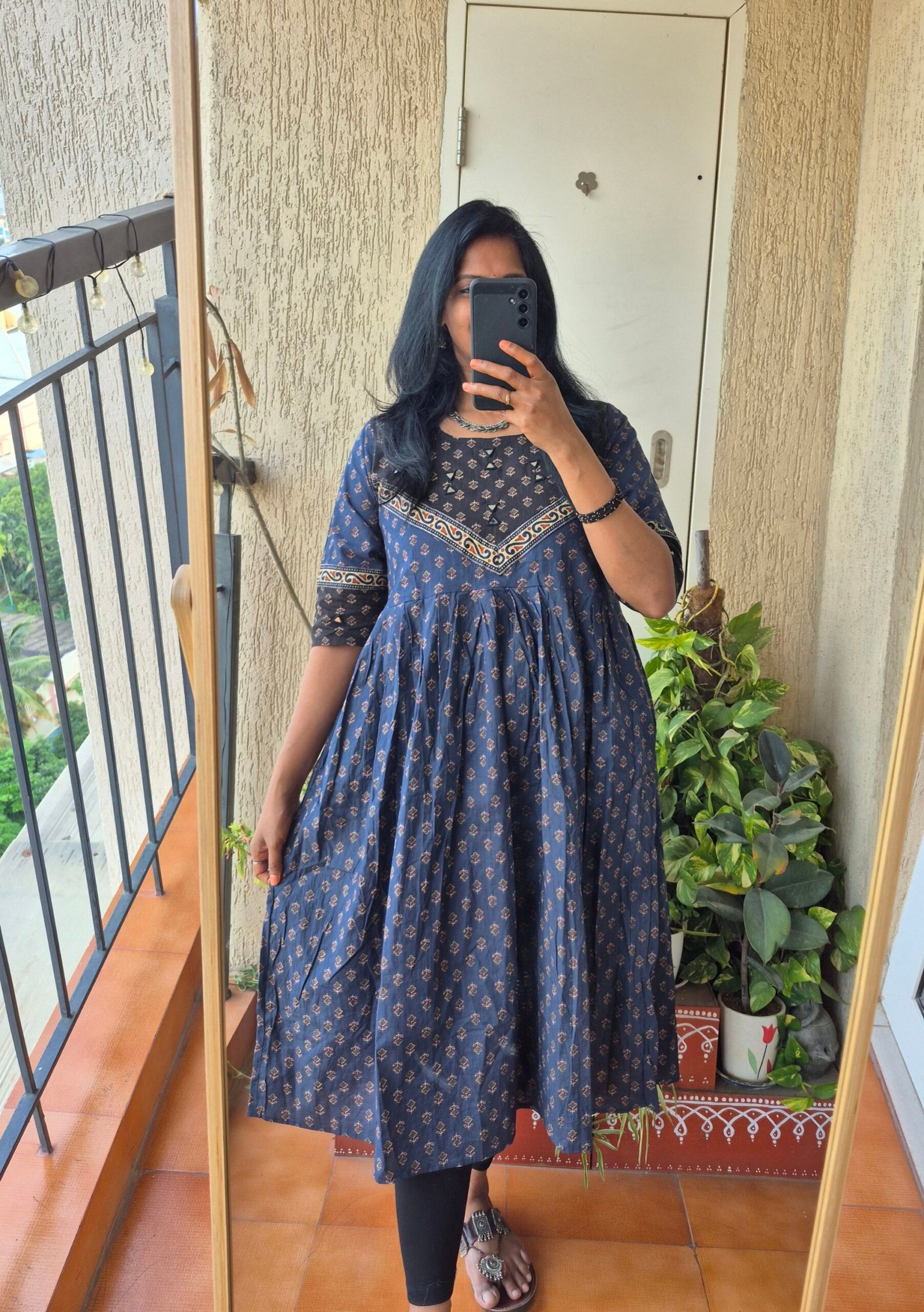 Blue block print cotton mirror work dress. - Image 3