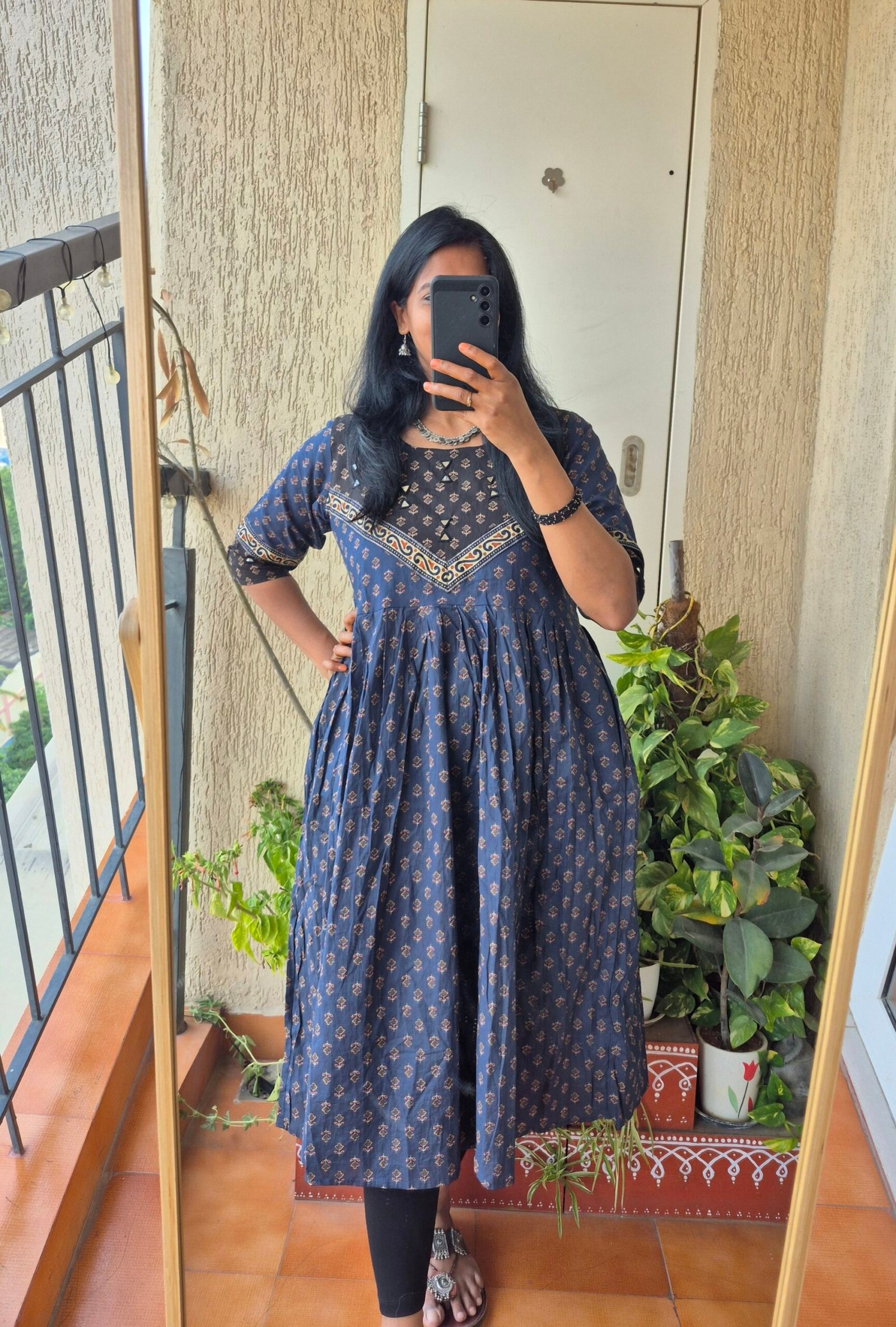 Blue block print cotton mirror work dress. - Image 4
