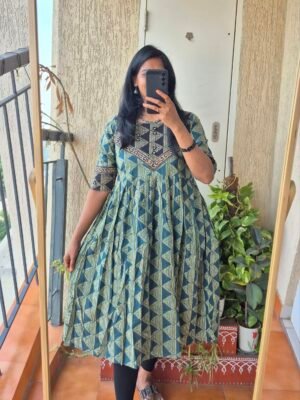 Green abstract print cotton mirror work dress.
