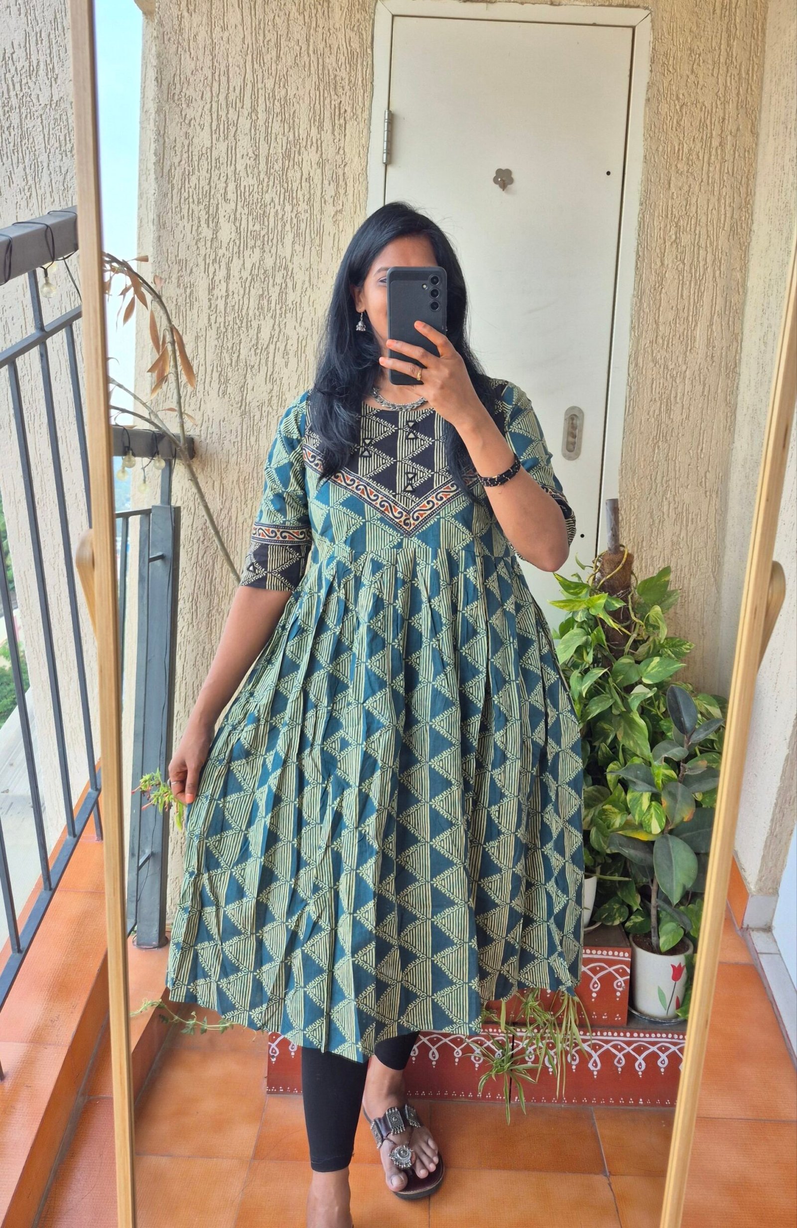 Green abstract print cotton mirror work dress.