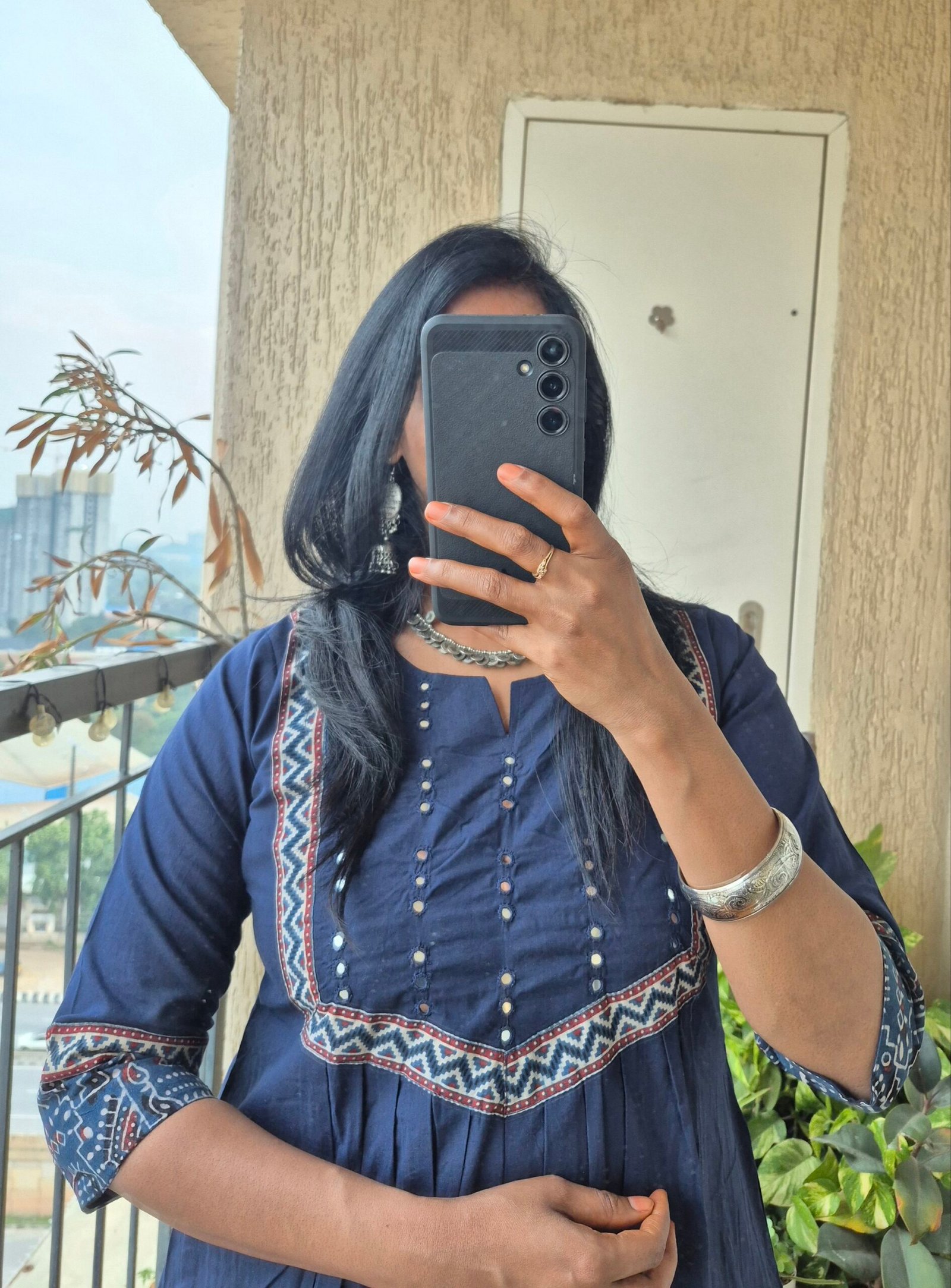 Blue cotton mirror work dress. - Image 3