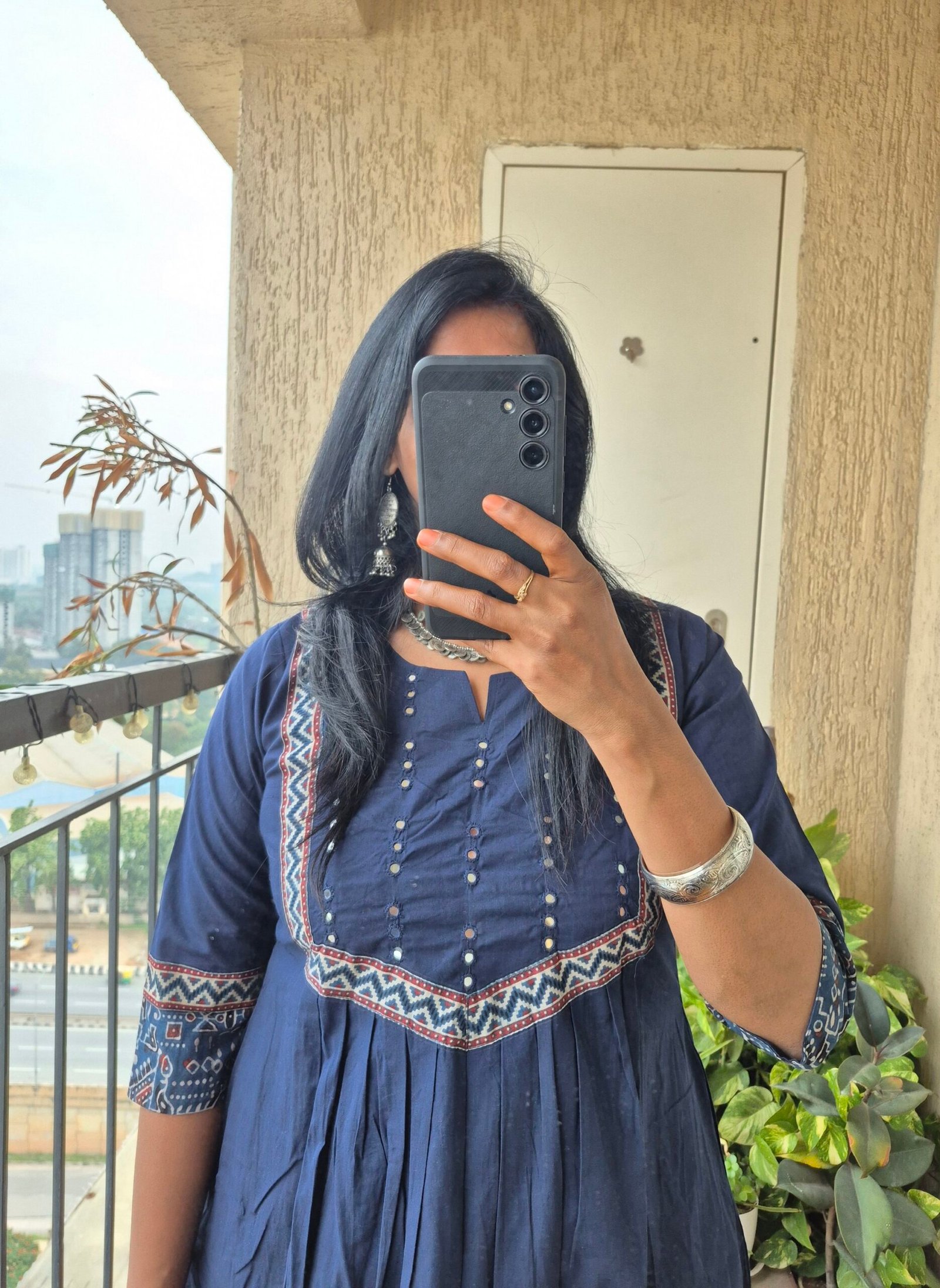 Blue cotton mirror work dress. - Image 2