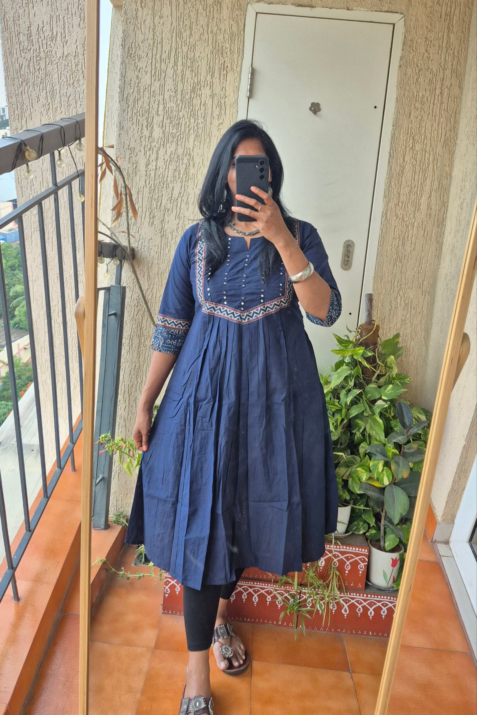 Blue cotton mirror work dress.