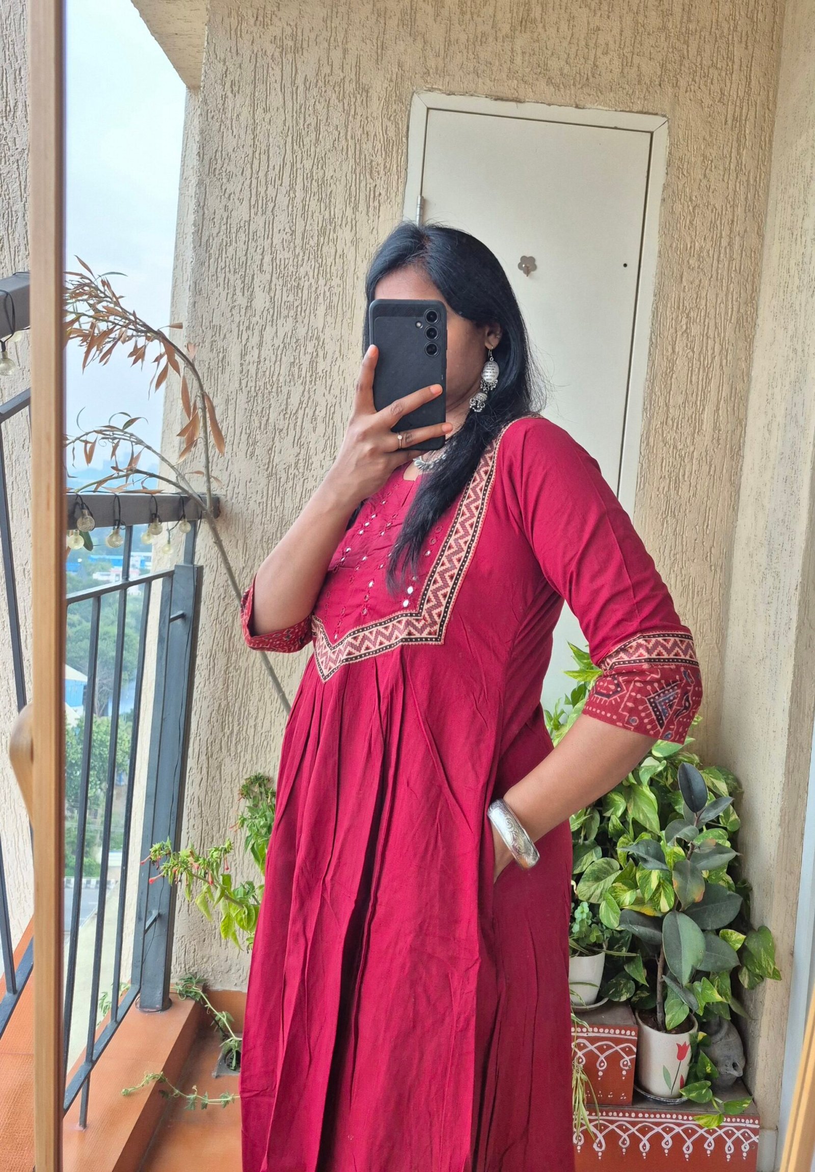 Maroon cotton mirror work dress. - Image 5
