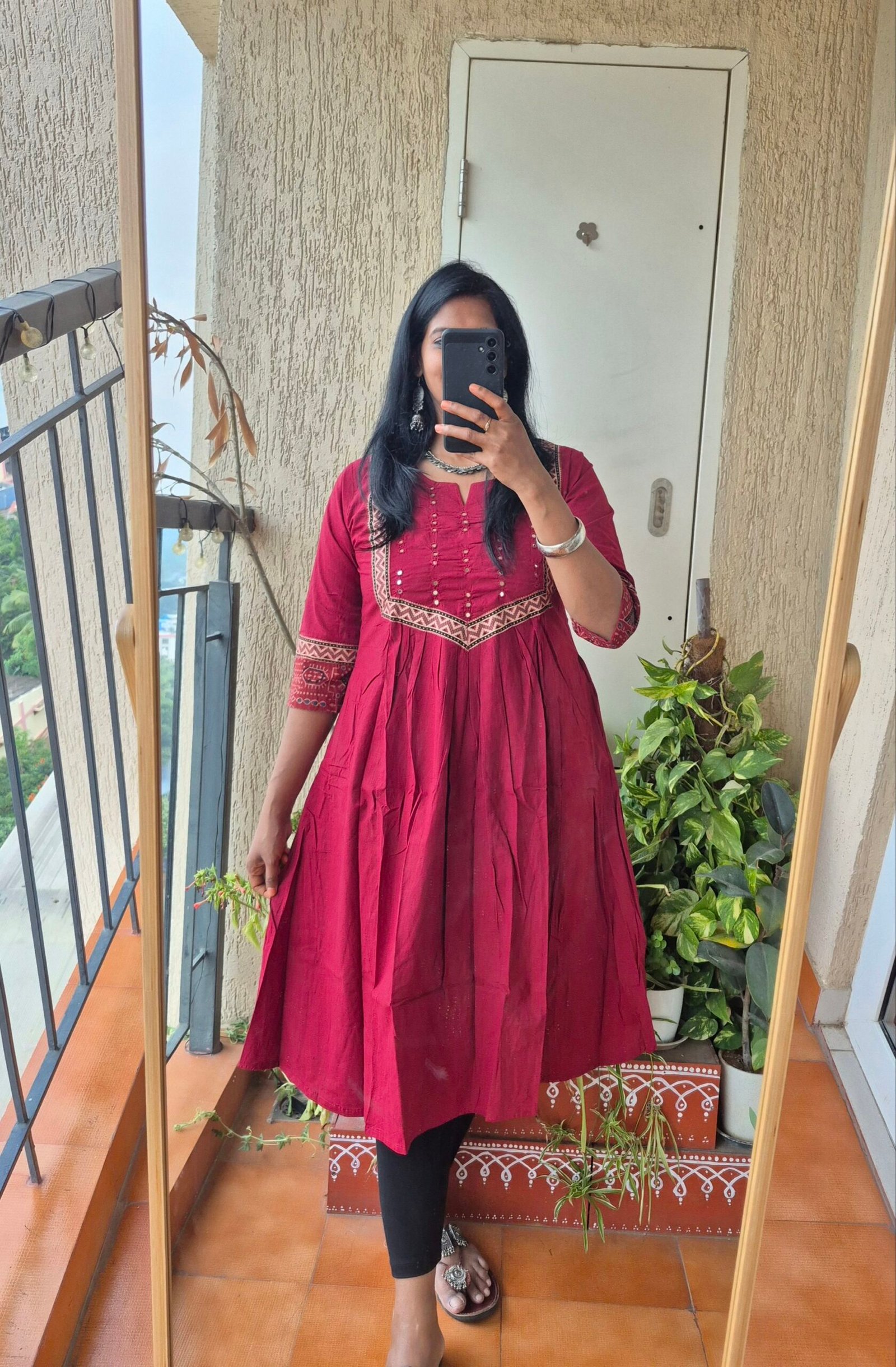 Maroon cotton mirror work dress. - Image 2