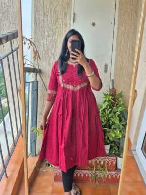Maroon cotton mirror work dress.