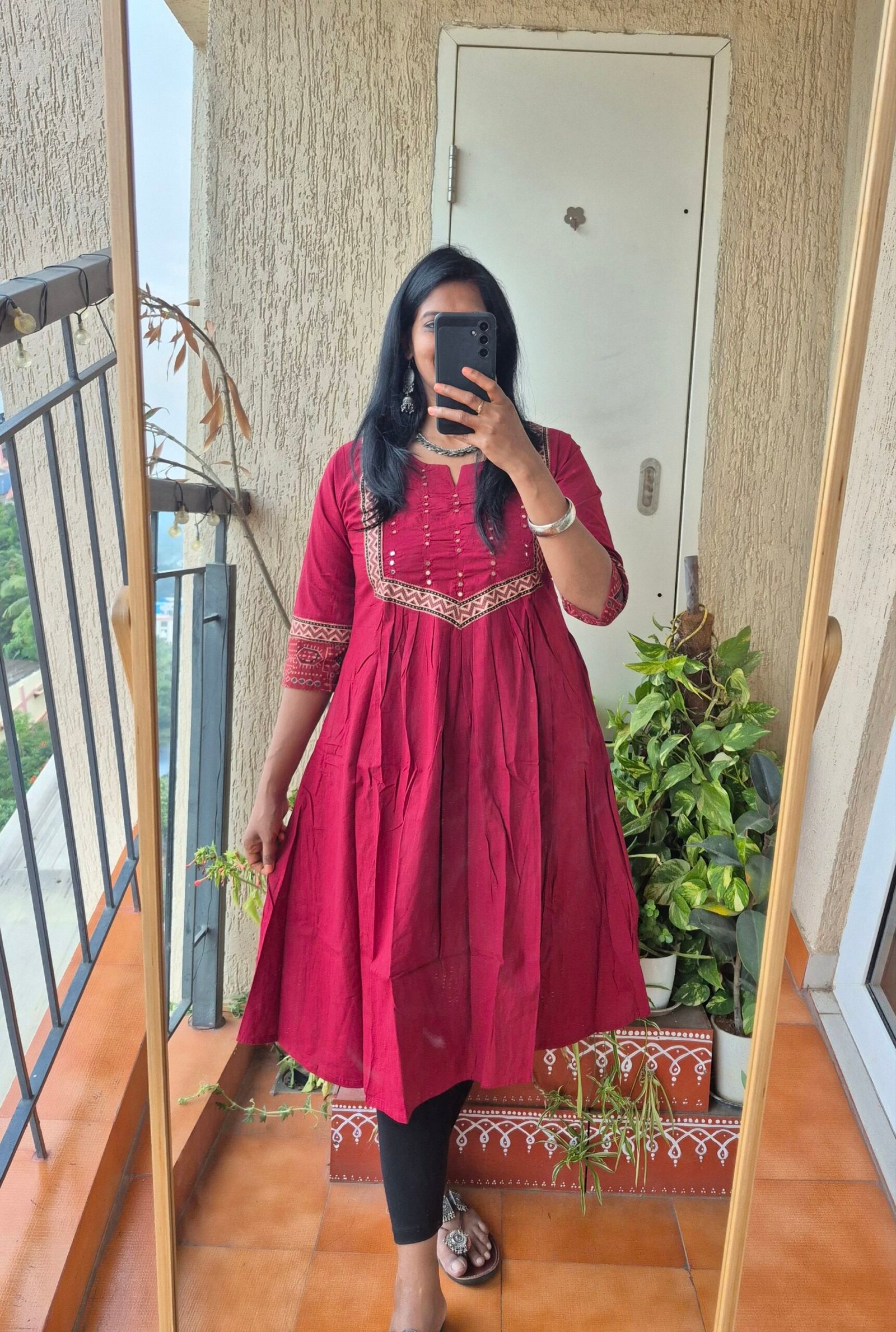 Maroon cotton mirror work dress.