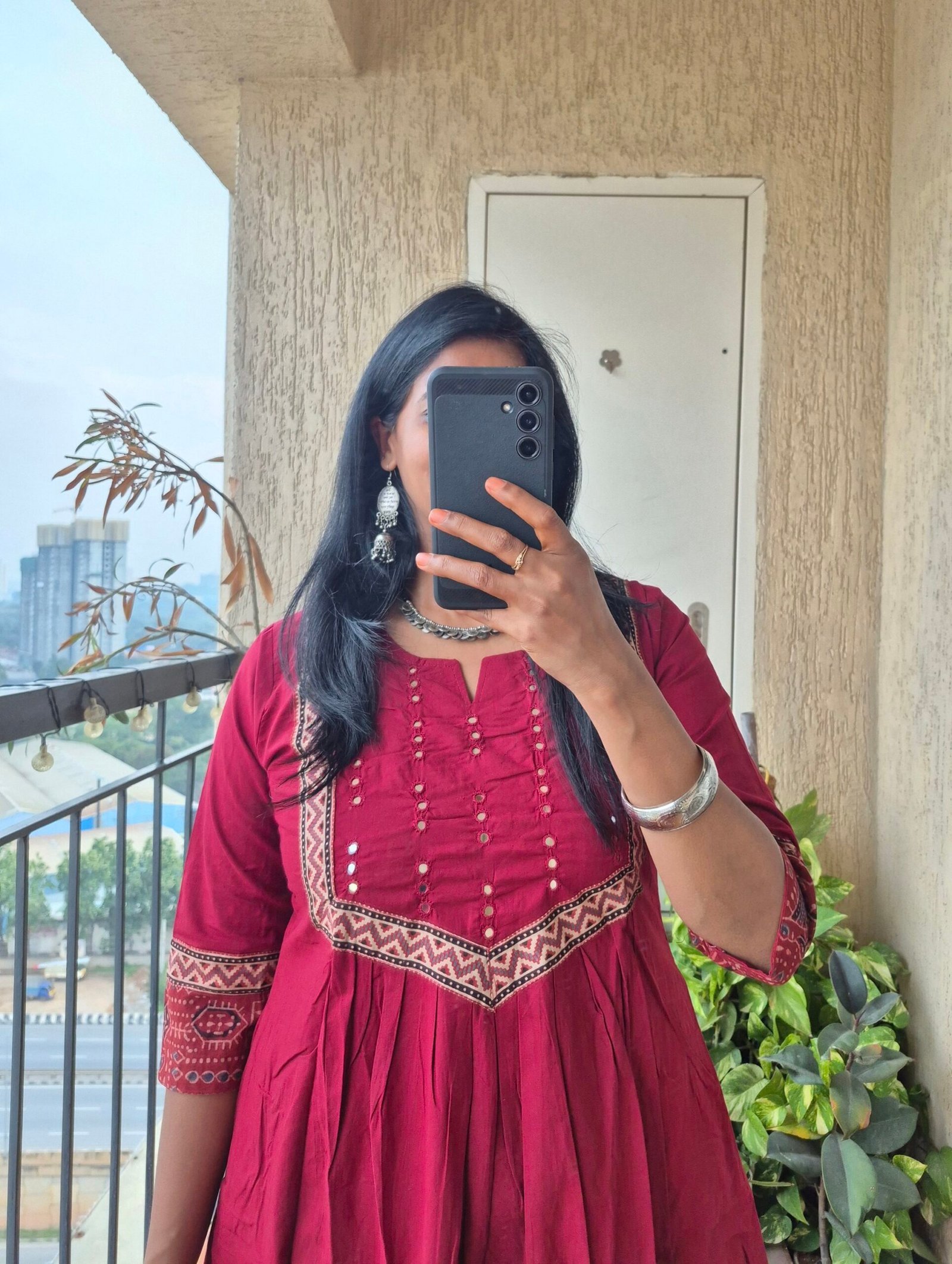 Maroon cotton mirror work dress. - Image 4