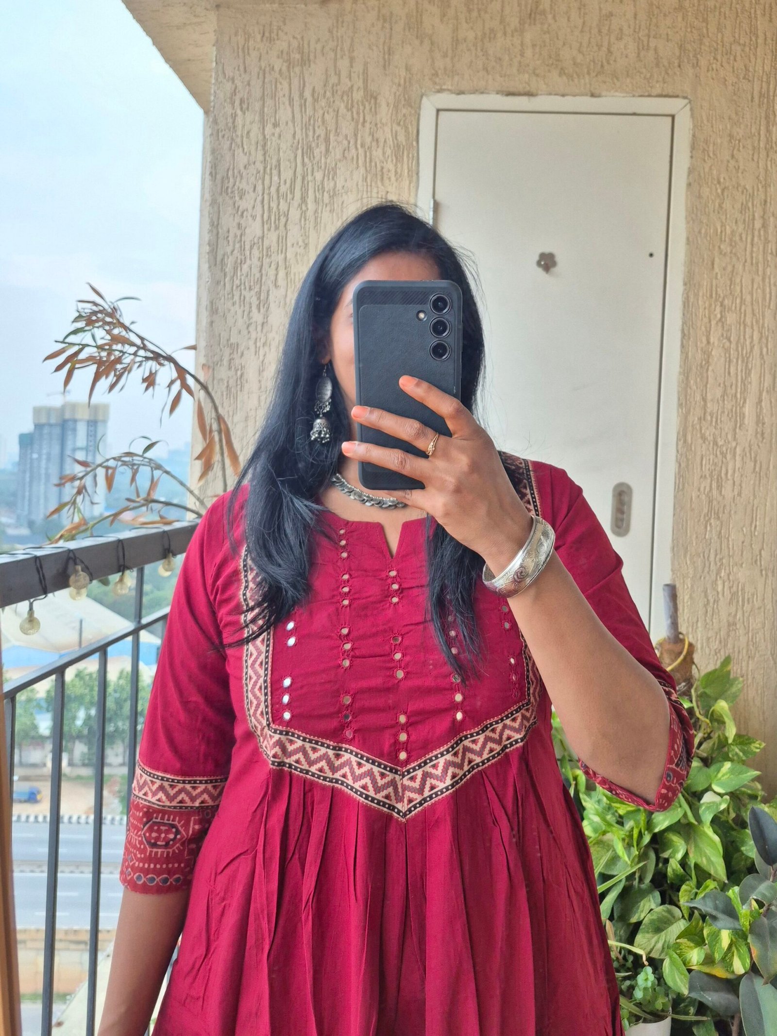 Maroon cotton mirror work dress. - Image 3